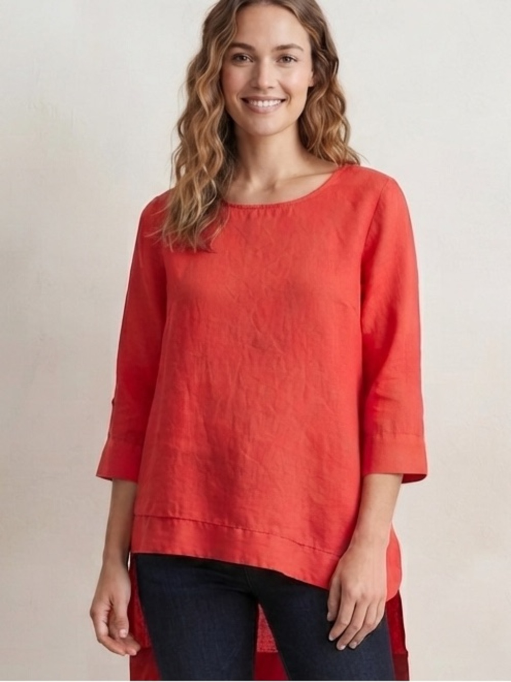 Kokomarina Sz M 100% Linen Red Lagenlook Minimalist High Low Blouse